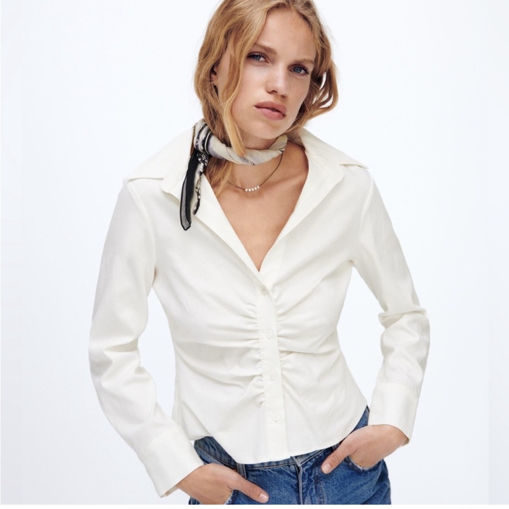 NWT Zara Women’s Ruched Linen Button Down Fitted Shirt Size XL
